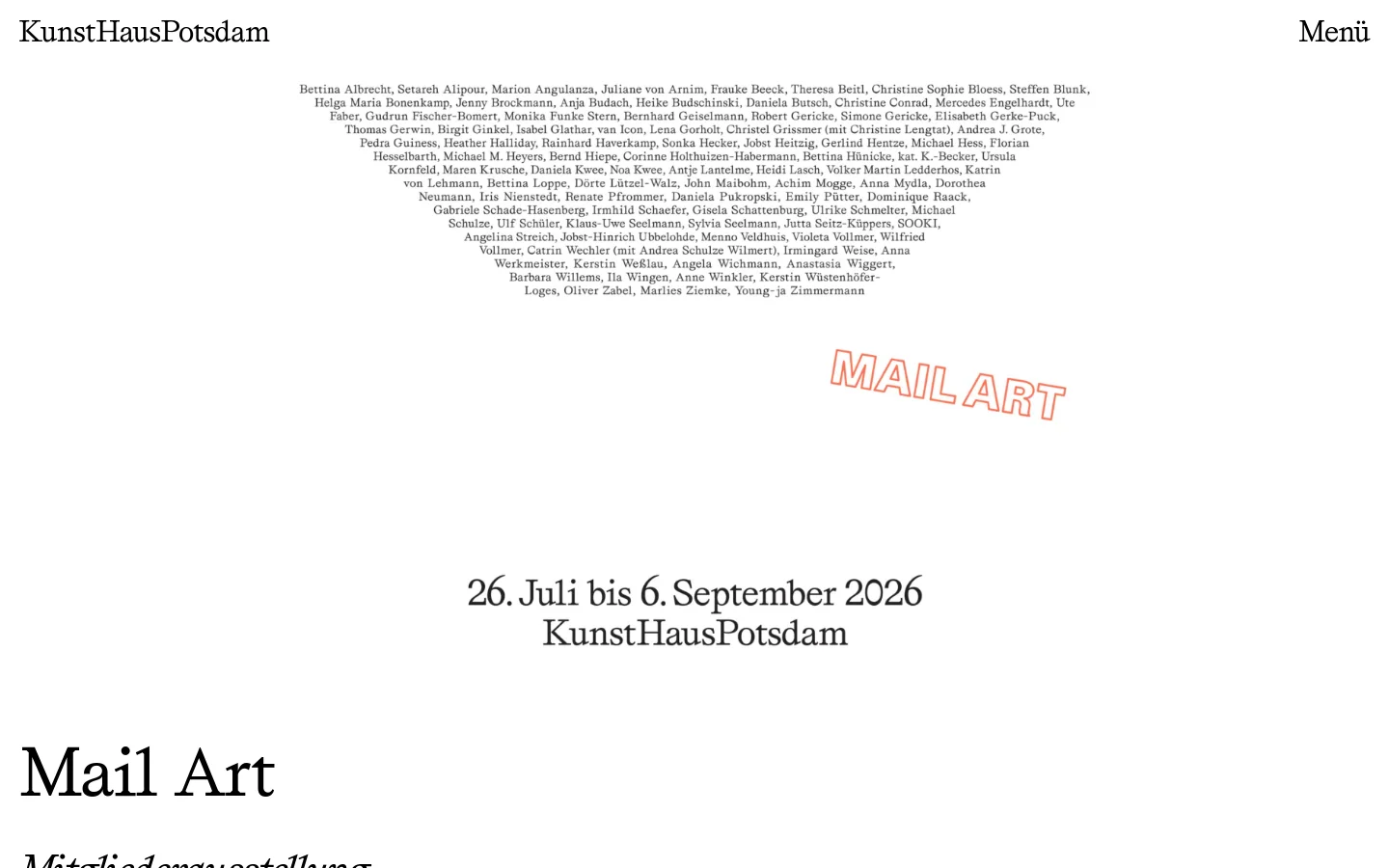 The desktop page features a clean, minimalist layout with a large hero image of colorful, abstract mail art. Below the image, the headline 'Mail Art' is followed by event details including an exhibition schedule, a concert, a lecture, and a finissage. A long list of participating artists is displayed in a dense text block against a white background.