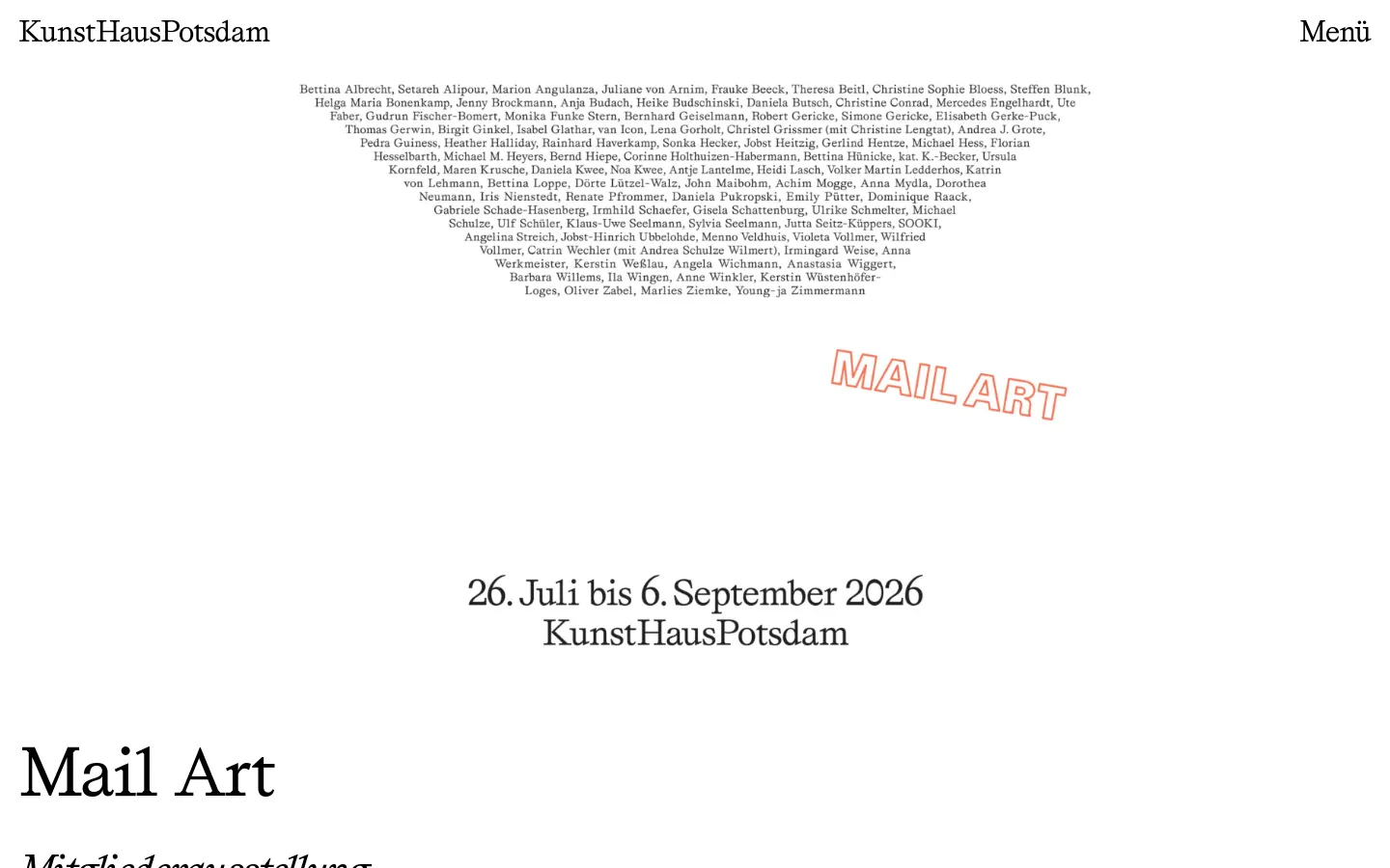 The desktop page features a clean, minimalist layout with a large hero image of colorful, abstract mail art. Below the image, the headline 'Mail Art' is followed by event details including an exhibition schedule, a concert, a lecture, and a finissage. A long list of participating artists is displayed in a dense text block against a white background.