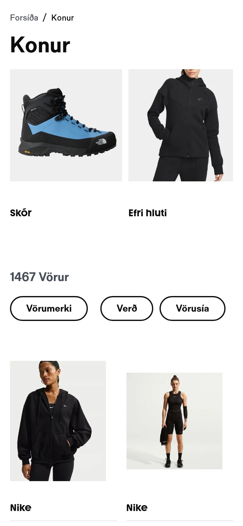 The mobile version maintains the white and red color scheme but uses a single-column layout for the category tiles and product grid. The category images and text are stacked vertically to fit the narrow screen, and the filter buttons are centered above the product listings.