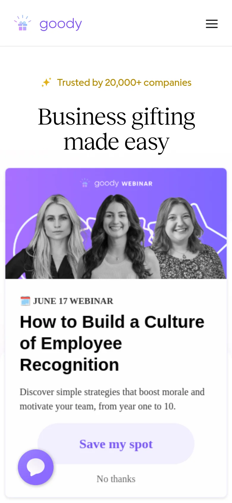 The mobile version uses a simplified layout with a hamburger menu for navigation and a centered hero section. The headline 'Business gifting made easy' is followed by a large, colorful webinar promotional card featuring three women and a 'Save my spot' button. The design is vertically stacked to prioritize the webinar call to action.
