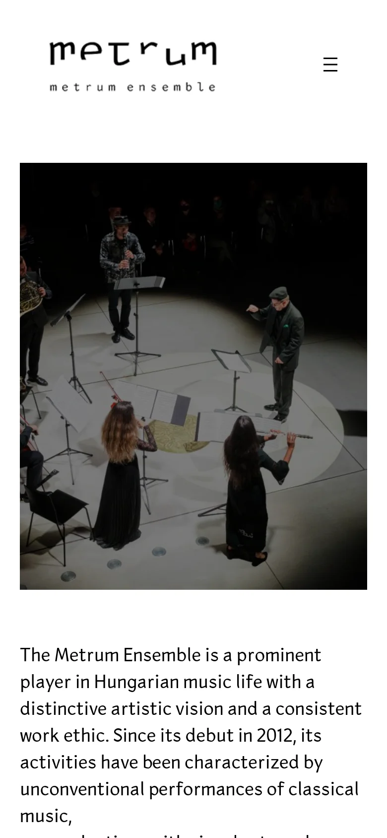 The mobile version simplifies the layout, replacing the horizontal navigation menu with a hamburger icon. The hero image and text remain centered, focusing on the musical ensemble's performance photo and mission statement.