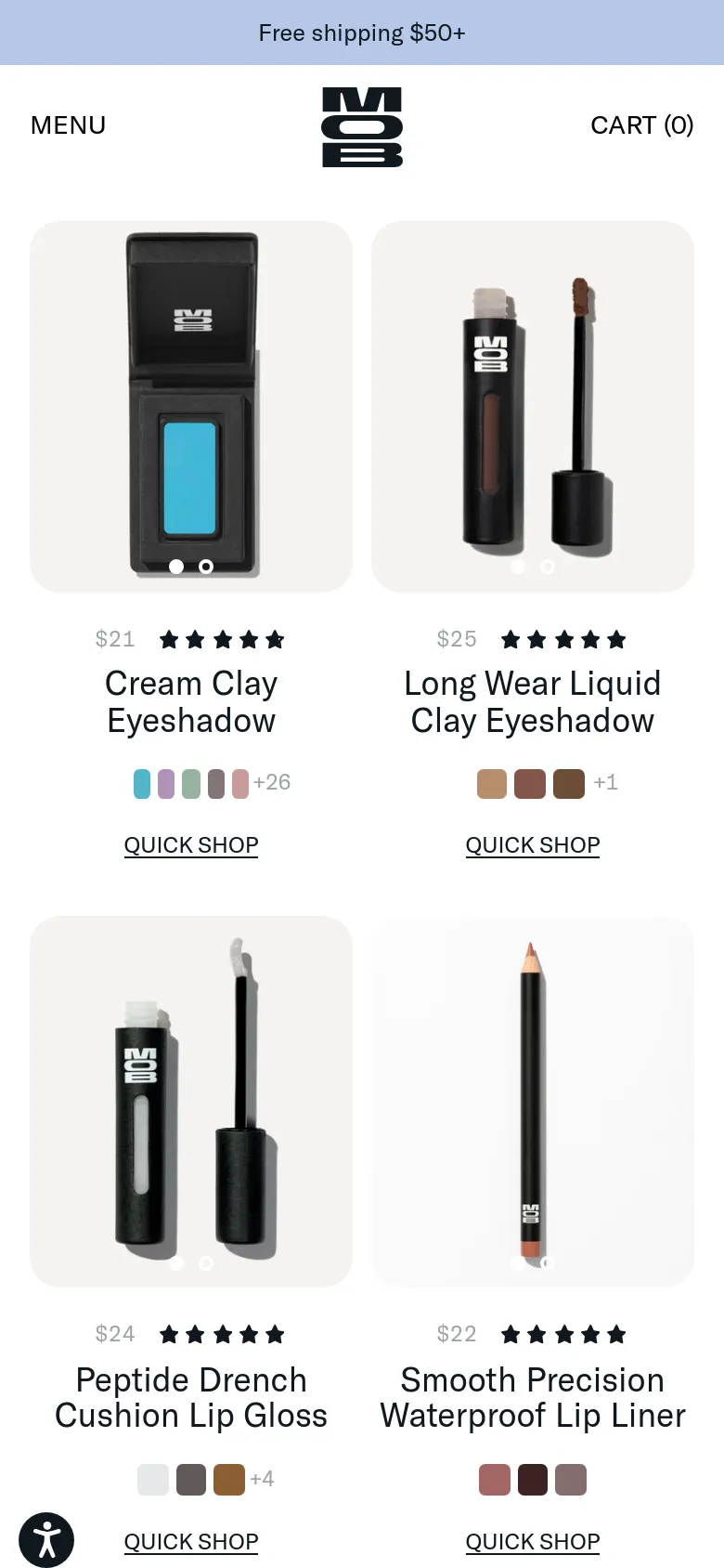 The mobile version presents a simplified view of the makeup collection, focusing on a two-column grid of products to optimize vertical scrolling. The top navigation is condensed into a 'MENU' button, with the brand logo centered and the 'CART (0)' link on the right. Product cards include the image, price, star rating, name, color swatches, and a 'QUICK SHOP' link.