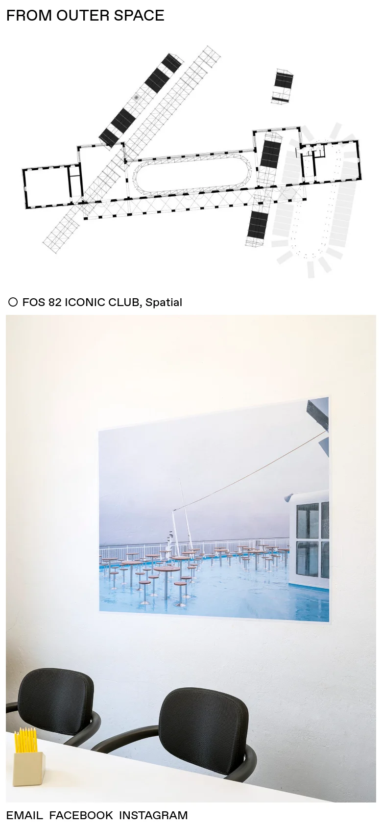 The mobile version maintains the minimalist aesthetic but uses a vertical scrolling layout to stack the large imagery and text. The navigation menu is condensed at the top, and the content focuses on single-column views of the architectural photographs and design diagrams. The dominant colors remain white, black, and natural tones from the photography.