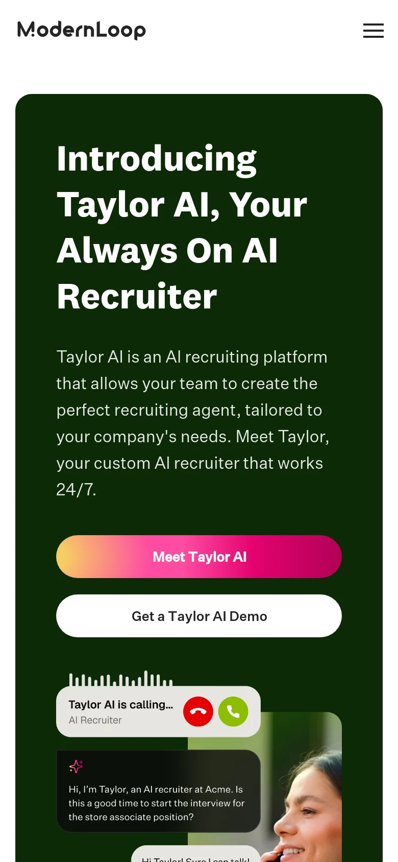 The mobile version presents a vertically stacked layout with the same dark green hero section. The headline and descriptive text are centered above the two large, full-width call-to-action buttons. The AI conversation graphic is positioned below the buttons, and the top navigation is replaced by a hamburger menu icon.
