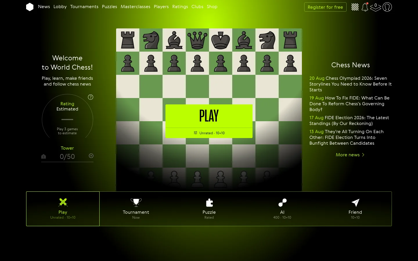 The desktop homepage features a dark theme with a large central chess board and a prominent lime green 'PLAY' button. A navigation bar at the top includes links like News, Lobby, and Tournaments, alongside a 'Register for free' button. To the left is a welcome message and rating estimator, while a 'Chess News' feed is positioned on the right.