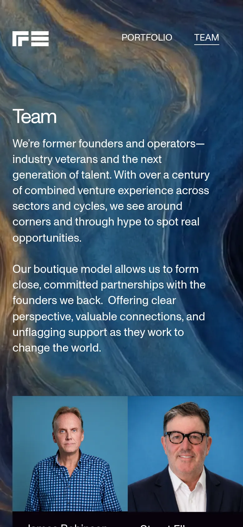 The mobile version maintains the blue and gold abstract hero background and introductory text, but the layout is condensed for a vertical screen. The navigation menu is simplified, and the team member headshots are displayed in a single-column vertical stack rather than a multi-column grid.