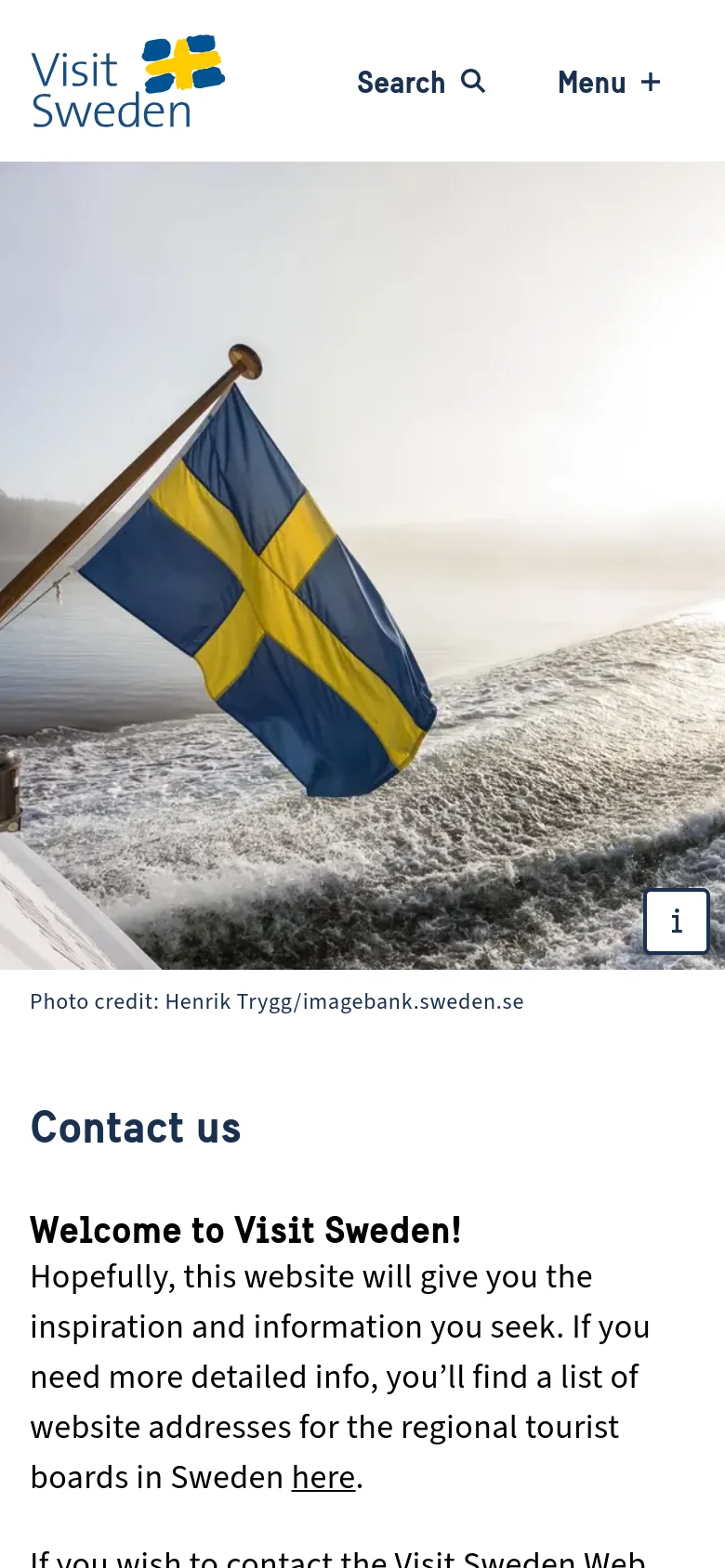 The mobile view features the same hero image of a boat with a Swedish flag, but the navigation is condensed into a 'Menu' button next to a search icon. The contact information and text content follow below, presented in a single-column vertical layout for easier scrolling.