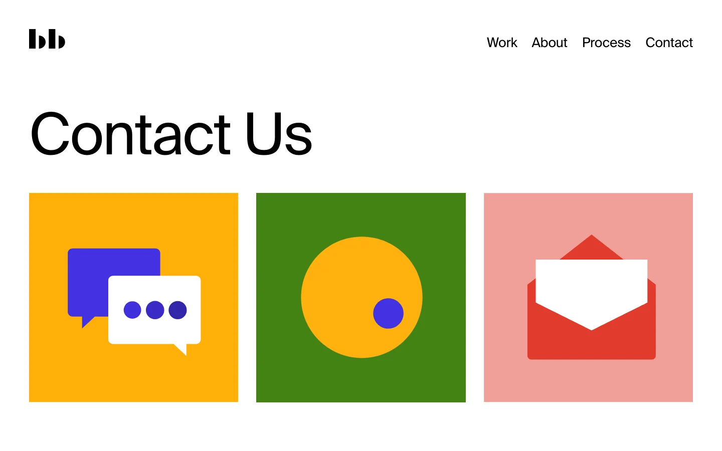 The desktop Contact page features a clean white background with a large 'Contact Us' headline. Below the headline are three large, colorful square icons: blue chat bubbles on yellow, a yellow circle on green, and a red envelope on pink. A navigation menu with links to Work, About, Process, and Contact is located at the top right.