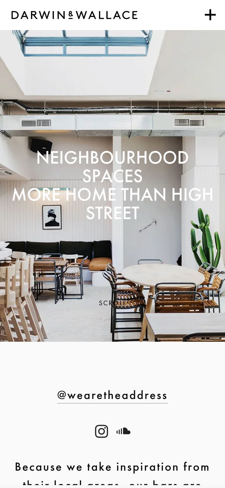 The mobile version presents a vertically stacked layout, starting with a full-width hero image of the bar interior overlaid with large white text. The navigation is condensed into a hamburger menu icon in the top right, and the content below follows a single-column format with centered text and social media icons.