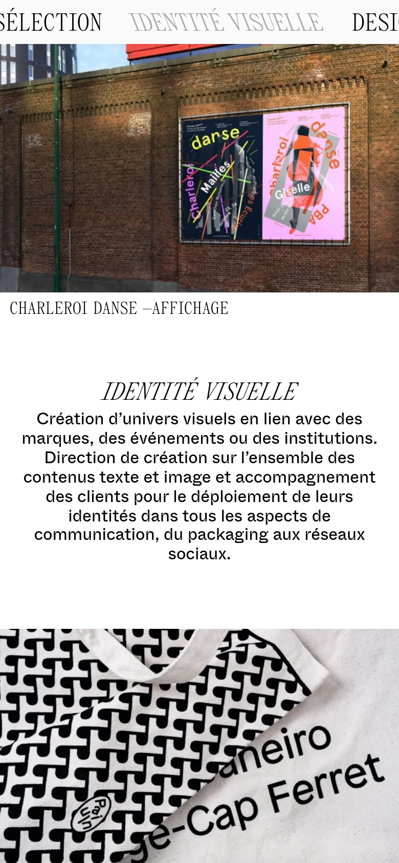 The mobile version presents a single-column vertical layout optimized for scrolling. The text introduction appears first, followed by large, full-width images of the design projects, such as the Charleroi Danse poster and the Solaire Culture ribbon, maintaining the clean aesthetic and high-contrast imagery of the desktop version.