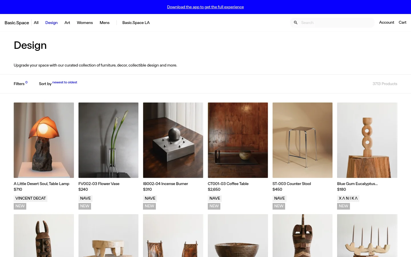 The Design page features a clean, minimalist white layout with a top navigation bar containing links for All, Design, Art, Womens, Mens, and Basic.Space LA. A large 'Design' heading is followed by a subheadline about curated collections, and a grid of product images displays items like lamps, vases, and tables with prices and brand names. The desktop view shows a multi-column grid of products with a filter and sort option above the collection.