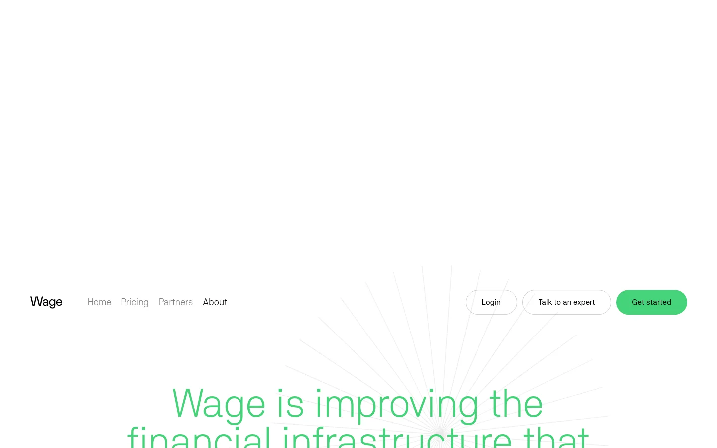 The desktop About page features a clean, minimalist layout with a white background and large green headline text. A top navigation bar includes links for Home, Pricing, Partners, and About, alongside 'Login', 'Talk to an expert', and a green 'Get started' button. Below the hero text, a section displays logos of backers including Google, 8VC, and Bloomberg.
