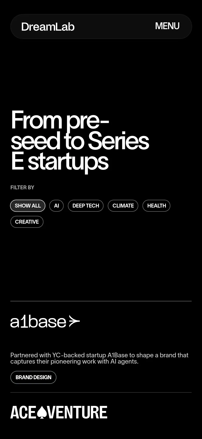 The mobile version uses a vertical layout with a simplified navigation menu at the top. The hero headline is stacked for readability, followed by a horizontally scrollable or wrapped list of filter buttons like 'AI' and 'Deep Tech'. Project entries are stacked vertically, showing the logo, description, and service tags in a single column.