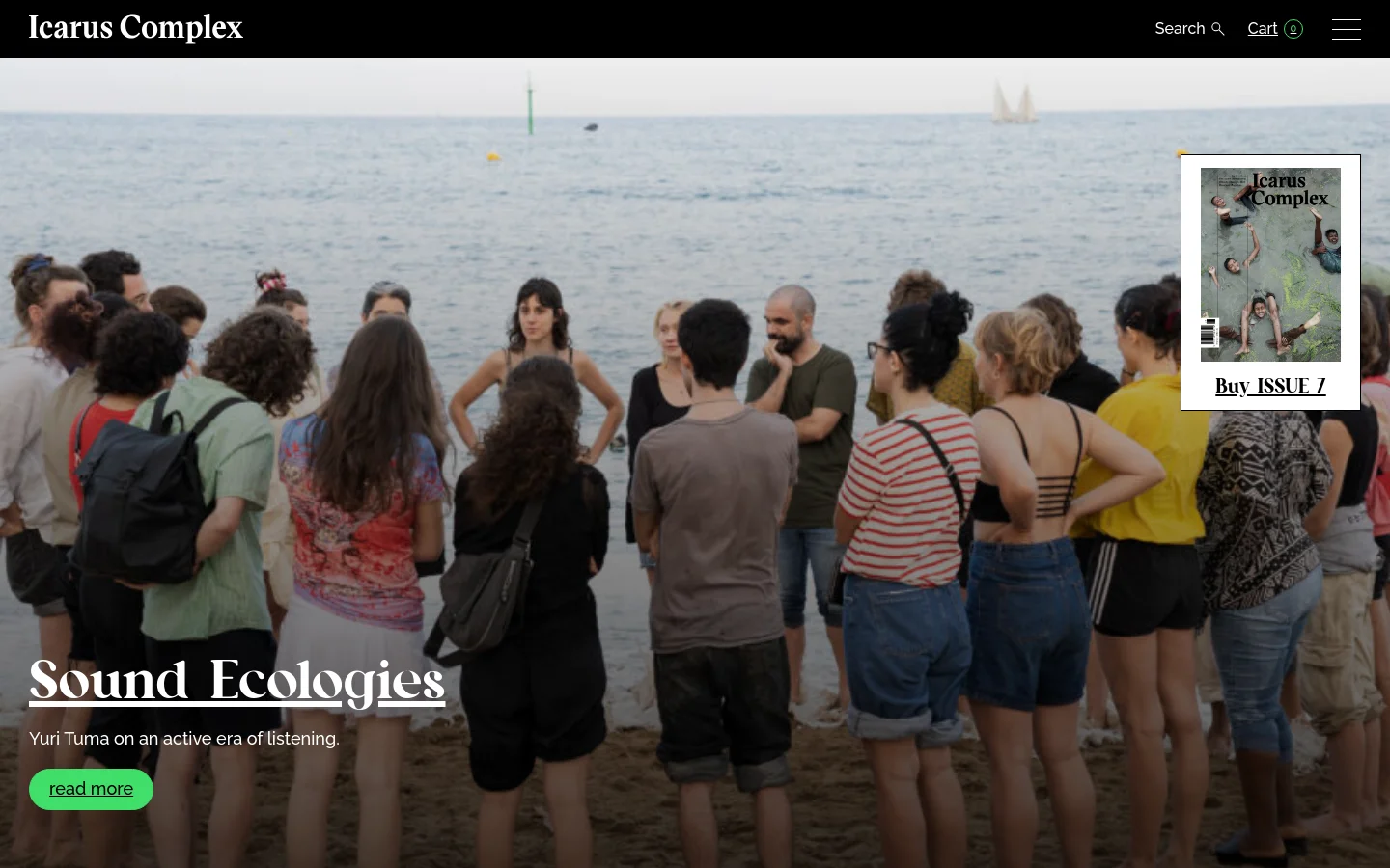The desktop homepage features a large hero image of a group of people standing on a beach facing the ocean. Overlaid on the left is the headline 'Sound Ecologies' with a subheadline and a green 'read more' button, while a floating magazine cover for 'Issue 7' with a 'Buy ISSUE 7' link appears on the right. The layout uses a clean, white serif font against the photographic background with a dark navigation bar at the top.
