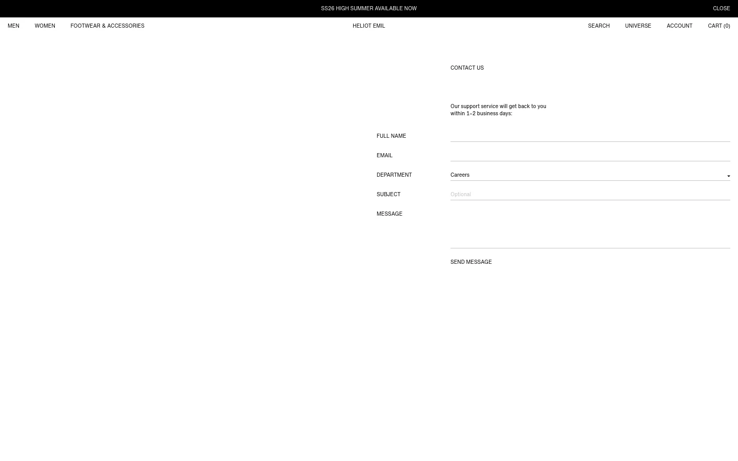 The desktop Contact Us page features a minimalist white background with black text. A contact form is positioned on the right side, including fields for Full Name, Email, Department (a dropdown menu), Subject, and Message, with a 'SEND MESSAGE' button at the bottom. The top navigation bar includes links for Men, Women, Footwear & Accessories, Search, Universe, Account, and Cart.