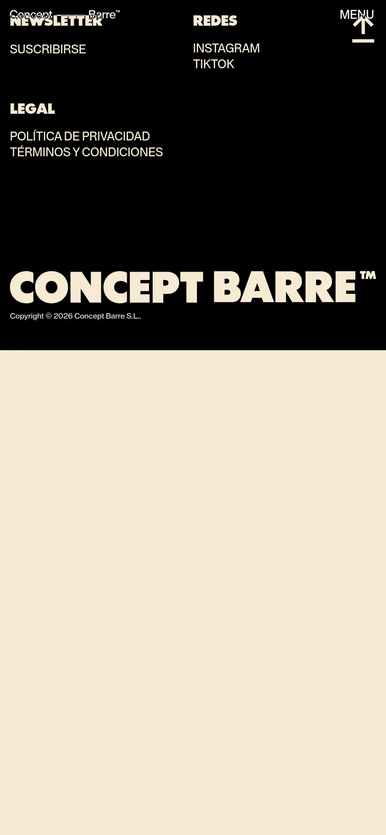 Concept Barre mobile footer with a stacked layout on a black background. The design uses oversized white sans-serif text for the brand name, a hamburger menu icon, and simplified vertical lists for newsletter subscription, social links, and legal information.