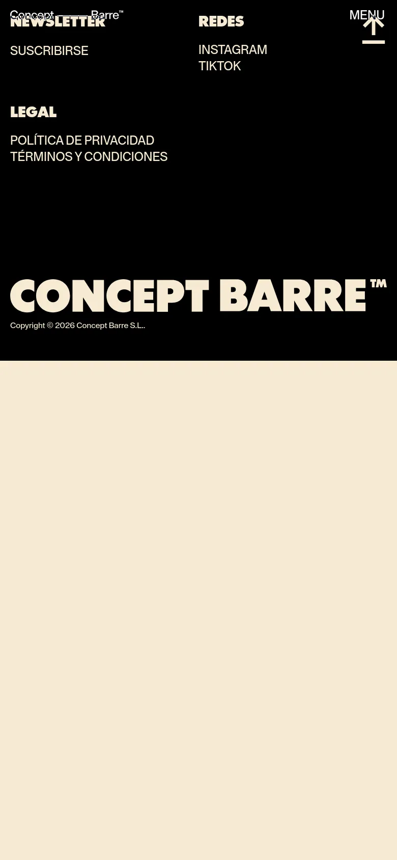 Concept Barre mobile footer with a stacked layout on a black background. The design uses oversized white sans-serif text for the brand name, a hamburger menu icon, and simplified vertical lists for newsletter subscription, social links, and legal information.