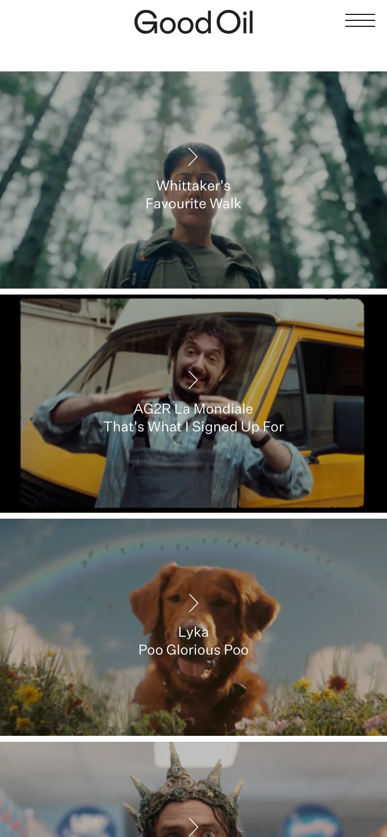 The mobile version maintains the white header with the centered Good Oil logo and a hamburger menu icon. The layout shifts to a vertical stack of full-width, high-quality cinematic imagery from recent film projects, each featuring centered text and directional arrows for navigation.