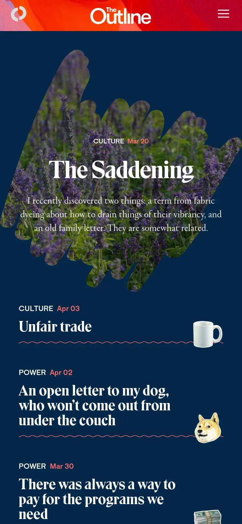 The mobile version presents a single-column vertical layout optimized for small screens, focusing on large, readable serif headlines. The hero article 'The Saddening' remains prominent at the top, followed by a stacked list of subsequent articles. The colorful header is condensed, and the navigation is simplified into a hamburger menu icon.