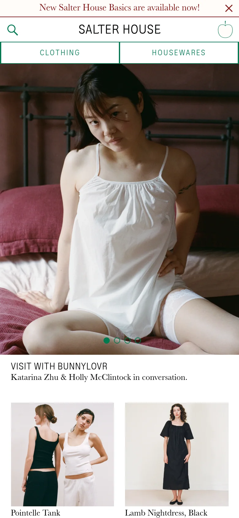 The mobile version presents a vertically stacked layout starting with a top announcement bar and a header containing a search icon, the brand name 'SALTER HOUSE', and a shopping bag icon. The hero image of a woman in white loungewear dominates the screen, followed by the 'VISIT WITH BUNNYLOVR' text and a two-column grid of product images below.