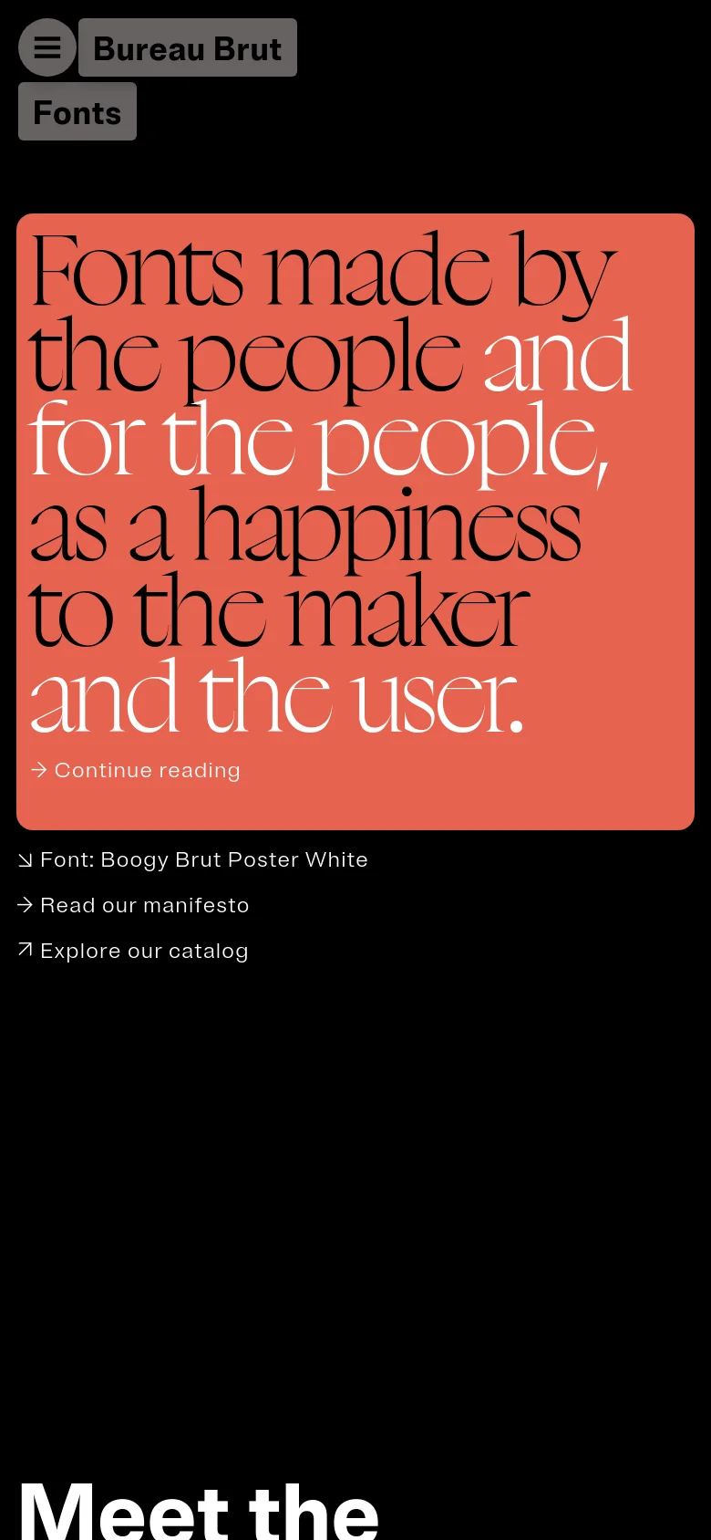 The mobile version maintains the high-contrast black and coral color scheme but transitions to a vertical layout. The large hero text is stacked to fit the narrower screen, and the navigation menu is condensed into a hamburger icon at the top left.