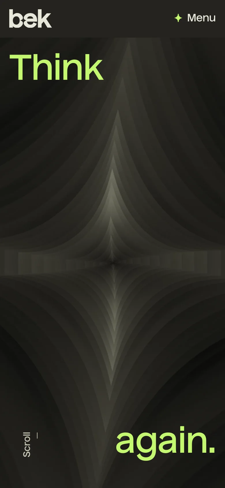 The mobile version maintains the dark, abstract background and lime green typography, but the layout is vertically compressed. The navigation is condensed into a single 'Menu' button with a diamond icon in the top right, and the large 'Think again.' text is stacked more tightly.