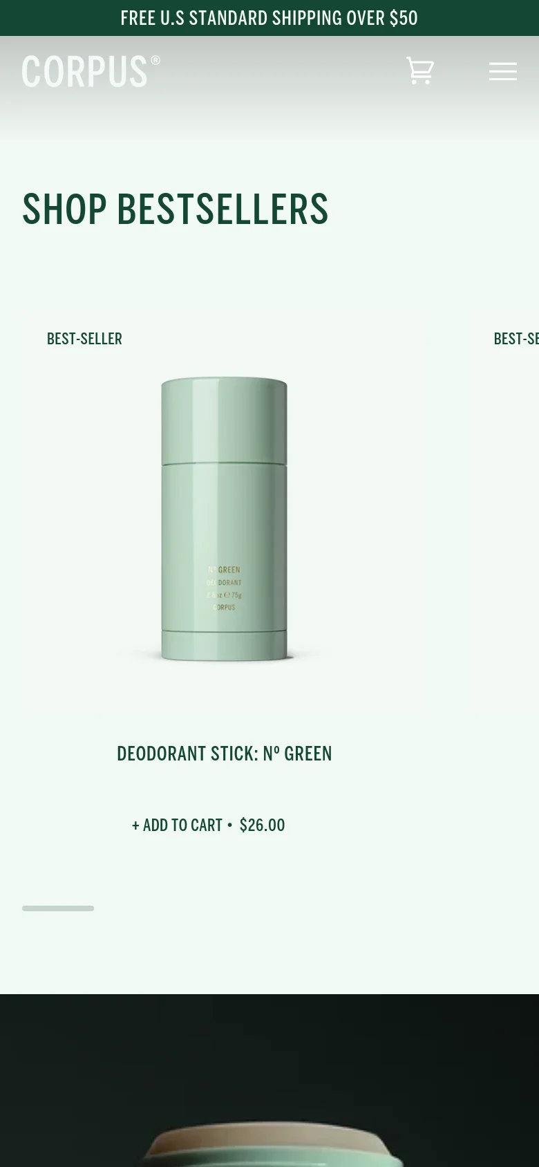 The mobile version uses a simplified vertical layout with a prominent green announcement bar at the top. The 'SHOP BESTSELLERS' section transitions from a horizontal carousel to a single-column stack, focusing on large product imagery and clear '+ ADD TO CART' buttons.
