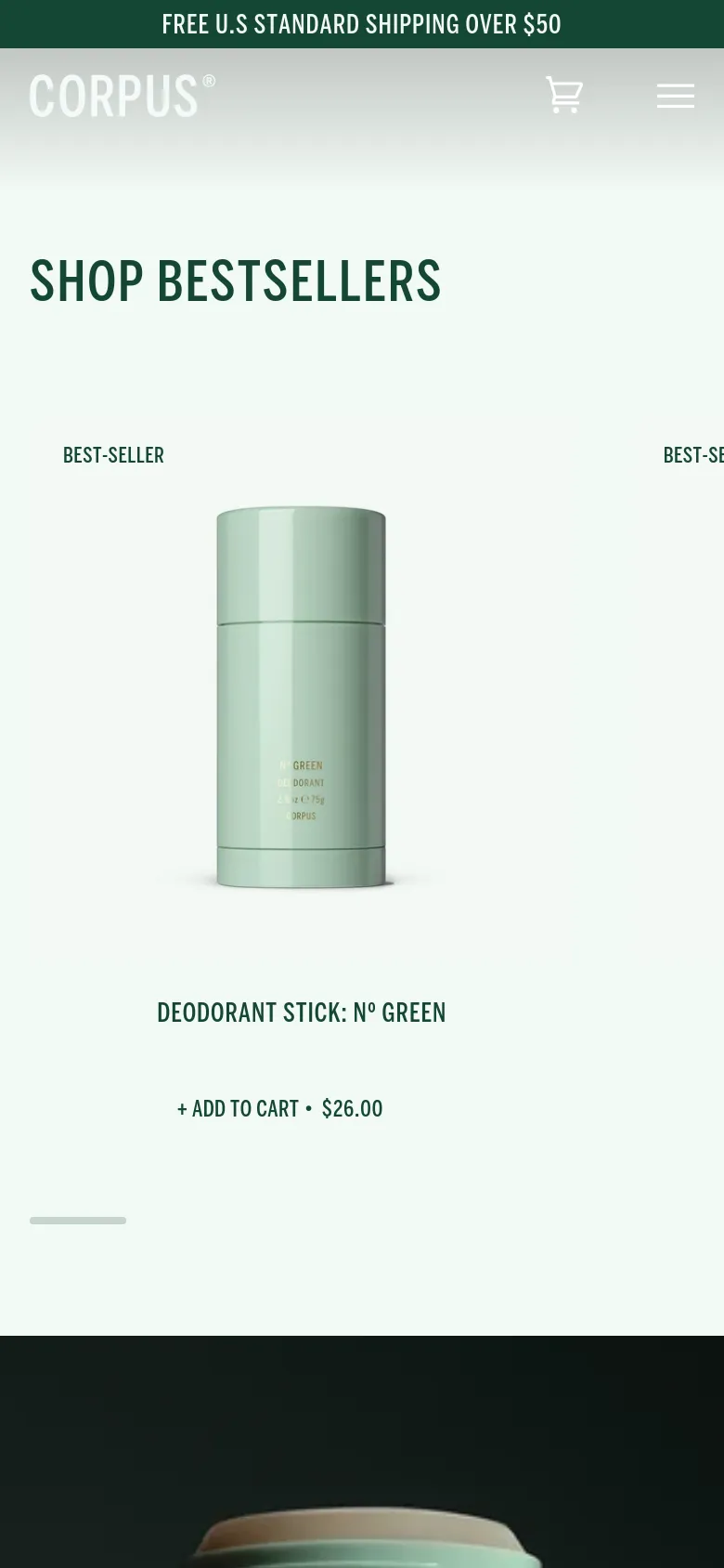 The mobile version uses a simplified vertical layout with a prominent green announcement bar at the top. The 'SHOP BESTSELLERS' section transitions from a horizontal carousel to a single-column stack, focusing on large product imagery and clear '+ ADD TO CART' buttons.