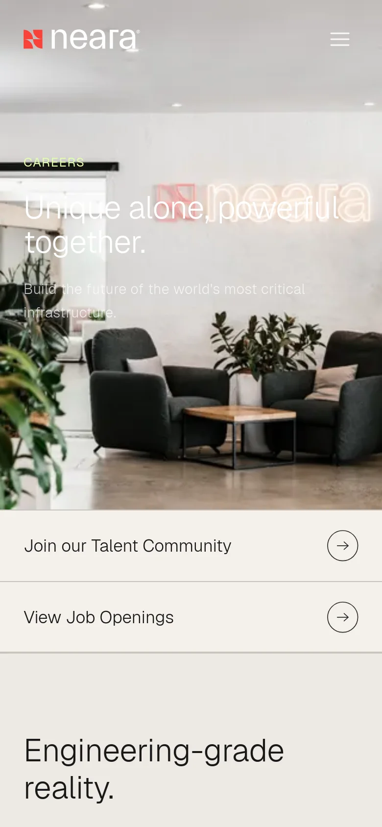 The mobile version presents a vertically stacked layout, starting with a full-width hero image of the office interior and the main headline. The navigation menu is collapsed into a hamburger icon, and the primary call-to-action buttons are transformed into full-width list items with arrow icons for easier tapping.