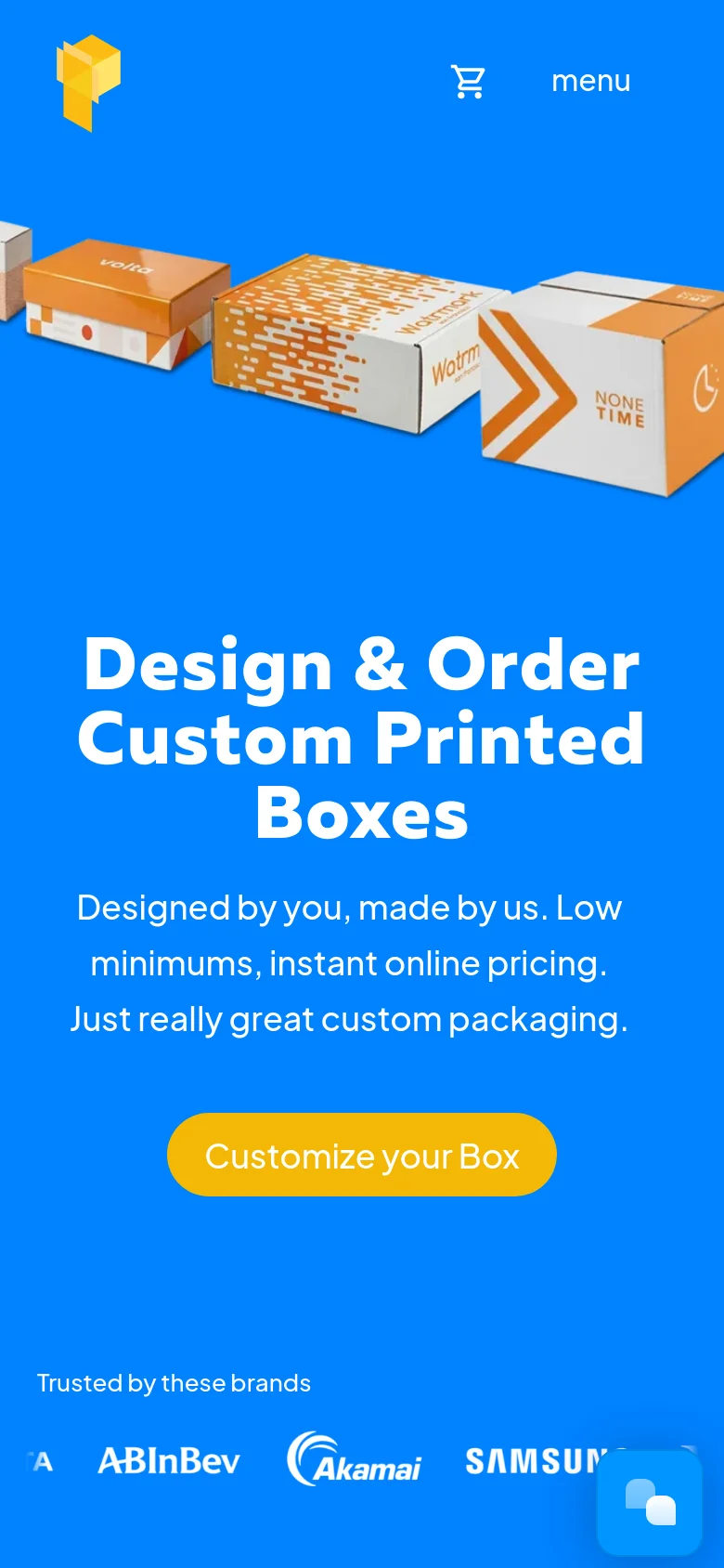 The mobile version uses a vibrant blue background with the same white headline and a large orange 'Customize your Box' button centered on the screen. The layout is simplified into a single column, with a hamburger-style menu and a shopping cart icon at the top, and a logo in the upper left corner.