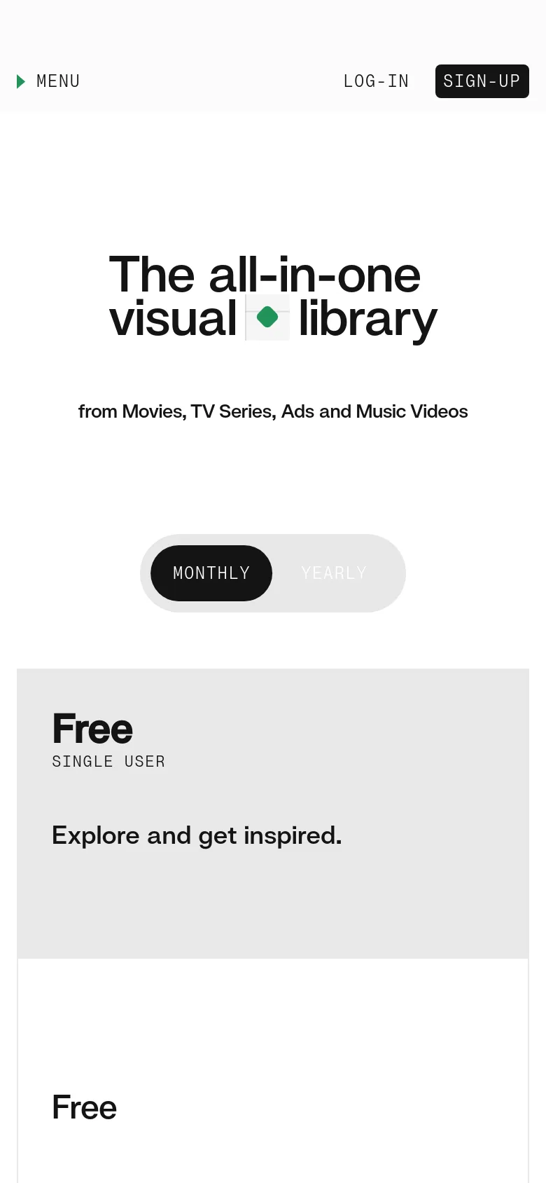 The mobile version presents a vertically stacked layout optimized for small screens. The hero text 'The all-in-one visual library' is centered at the top, followed by the billing toggle and pricing cards that appear one after another in a single column. A simplified navigation menu is accessible via a 'Menu' button, and the 'Log-In' and 'Sign-Up' buttons are positioned at the top right.