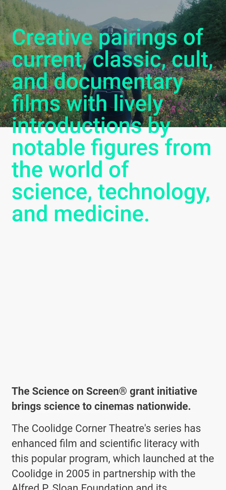 The mobile version maintains the hero image with the teal text overlay, but the text is stacked vertically to fit the narrower screen. The subsequent text content follows a single-column vertical layout on a white background, prioritizing readability for scrolling.