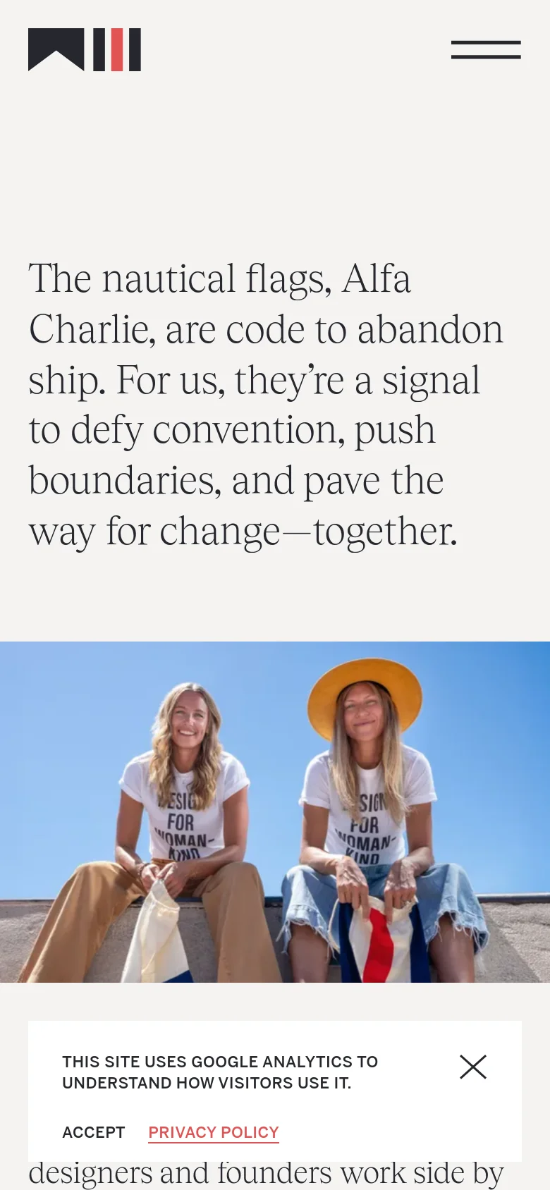 The mobile version presents a vertically stacked layout optimized for small screens. The large headline appears at the top, followed by the hero image of the two women, with all text content and mission statements flowing in a single column for easy scrolling.