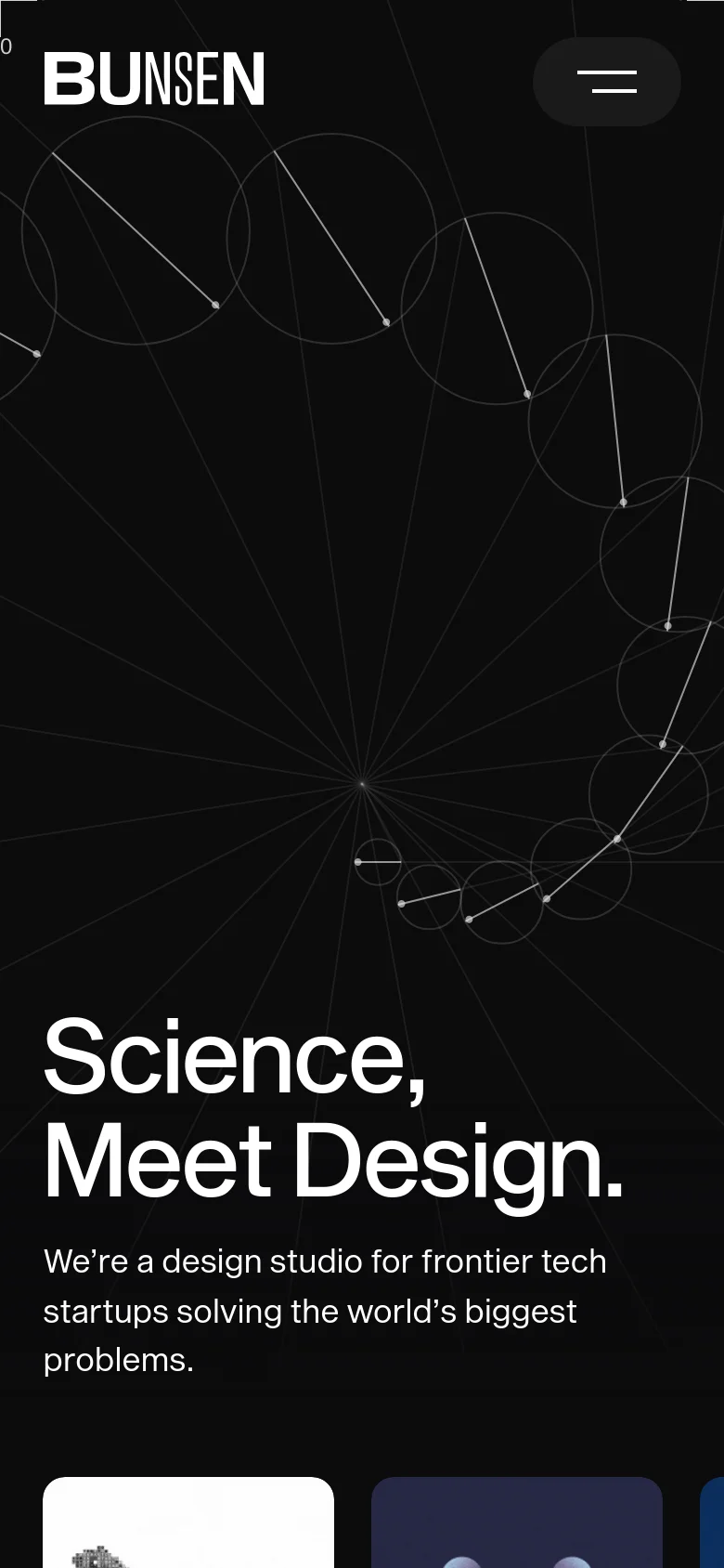 The mobile version maintains the dark aesthetic and large white 'Science, Meet Design' headline but uses a simplified layout. The top navigation is condensed into a hamburger menu icon, and the hero imagery of geometric lines is scaled to fit the vertical screen, with content stacked vertically for easier scrolling.