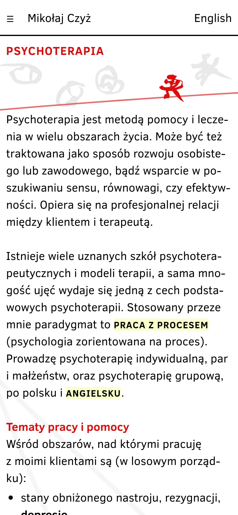 The mobile version presents a simplified vertical layout with a white background. The header contains a hamburger menu icon, the name 'Mikołaj Czyż', and an 'English' link. The 'Psychoterapia' title and abstract red and grey graphics are stacked above the main text body, which uses large, legible typography for readability on small screens.