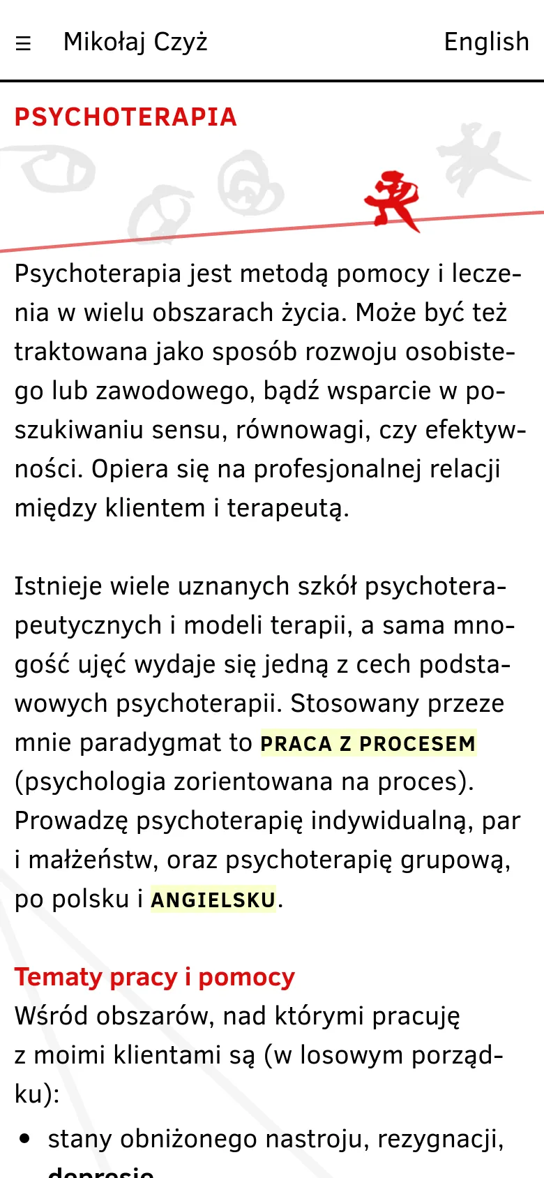 The mobile version presents a simplified vertical layout with a white background. The header contains a hamburger menu icon, the name 'Mikołaj Czyż', and an 'English' link. The 'Psychoterapia' title and abstract red and grey graphics are stacked above the main text body, which uses large, legible typography for readability on small screens.