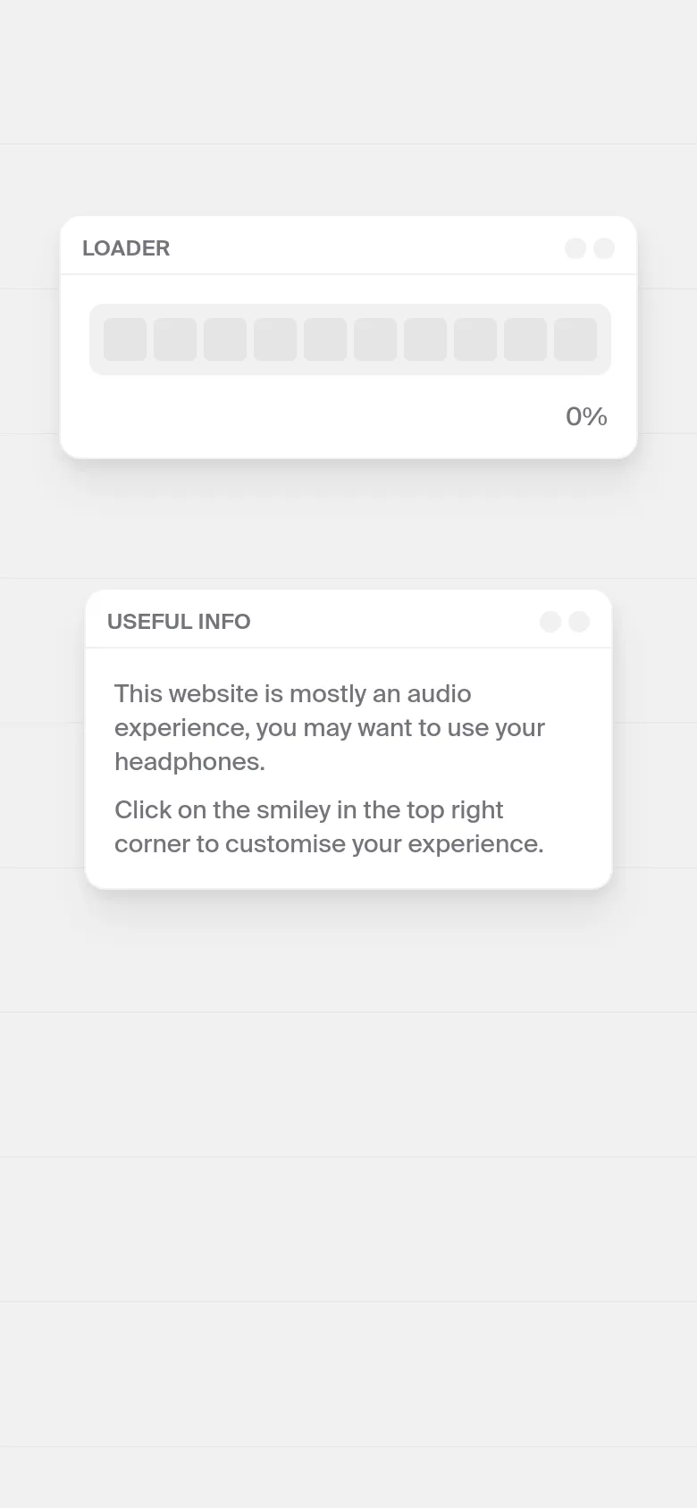 A vertically stacked mobile version of the minimalist light gray site. The content focuses on large, floating white information cards, including a 'LOADER' card and a 'USEFUL INFO' card with audio instructions. The grid layout of the monthly links is condensed for a narrow screen.