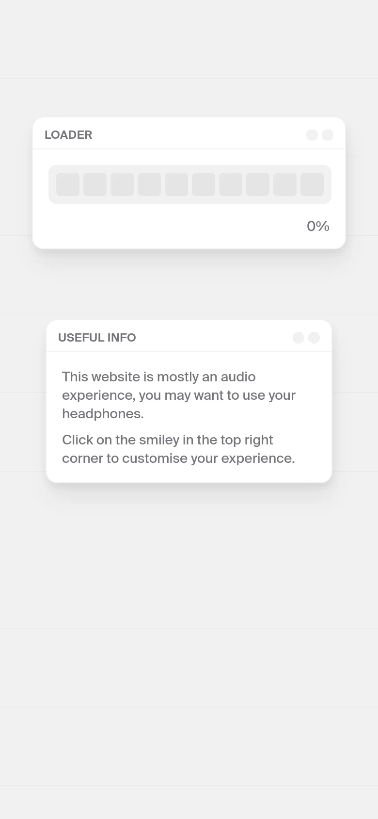 A vertically stacked mobile version of the minimalist light gray site. The content focuses on large, floating white information cards, including a 'LOADER' card and a 'USEFUL INFO' card with audio instructions. The grid layout of the monthly links is condensed for a narrow screen.