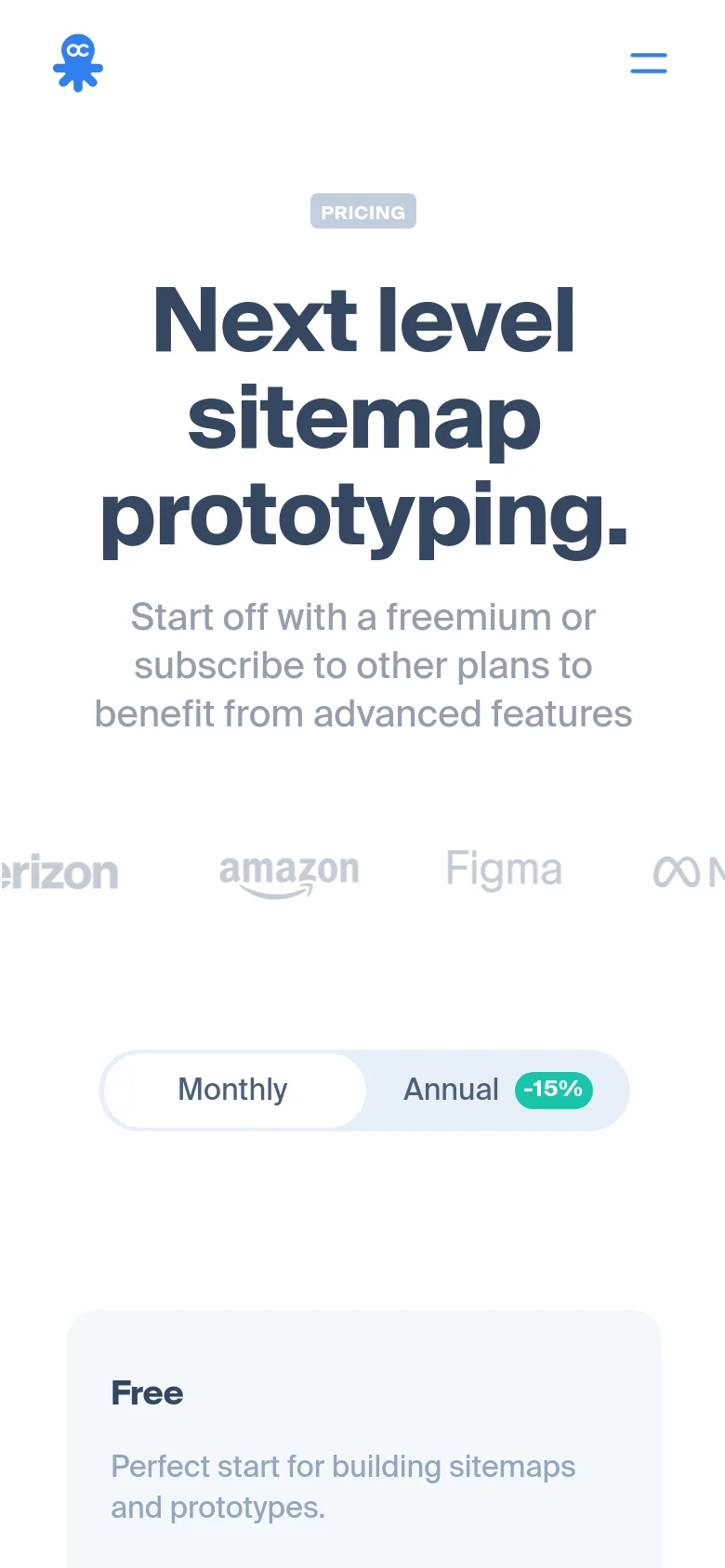 The mobile version presents a vertically stacked layout with the same dark blue headline and subtext. The company logo bar and the Monthly/Annual billing toggle are scaled down to fit the narrower screen width, and the pricing cards are arranged in a single column for easy scrolling.