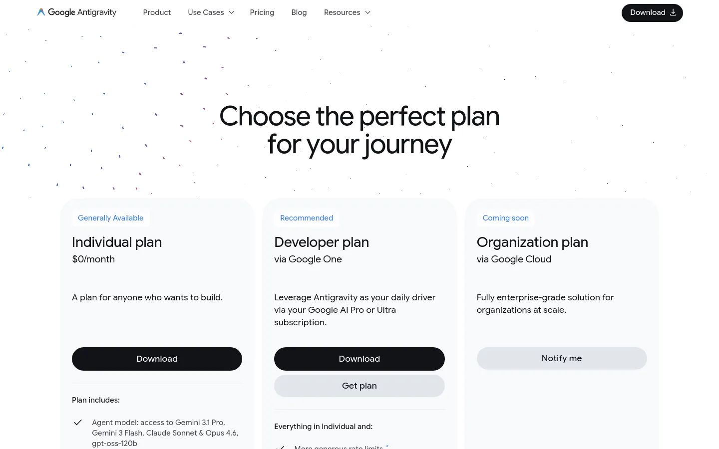 The desktop pricing page features a clean white background with subtle dark speckles and a large headline reading 'Choose the perfect plan for your journey'. Three pricing cards are displayed side-by-side: an 'Individual plan' at $0/month with a black 'Download' button, a 'Recommended Developer plan' with a black 'Download' button and a grey 'Get plan' button, and a 'Coming soon Organization plan' with a grey 'Notify me' button.