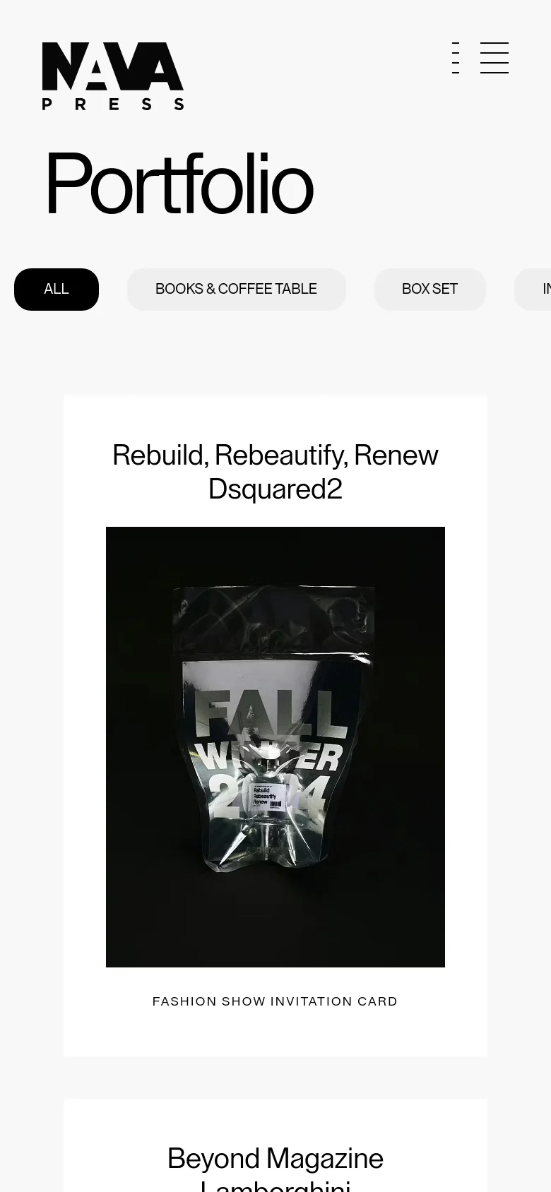 The mobile version maintains the minimalist white and black aesthetic but optimizes the layout for a vertical screen. The 'Portfolio' heading is prominent at the top, followed by a horizontally scrollable filter menu. Project entries are stacked vertically, showing a large image followed by the project title and a brief description to ensure readability on smaller screens.