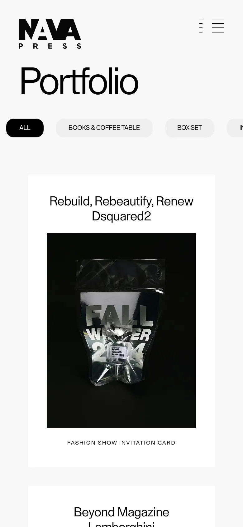 The mobile version maintains the minimalist white and black aesthetic but optimizes the layout for a vertical screen. The 'Portfolio' heading is prominent at the top, followed by a horizontally scrollable filter menu. Project entries are stacked vertically, showing a large image followed by the project title and a brief description to ensure readability on smaller screens.