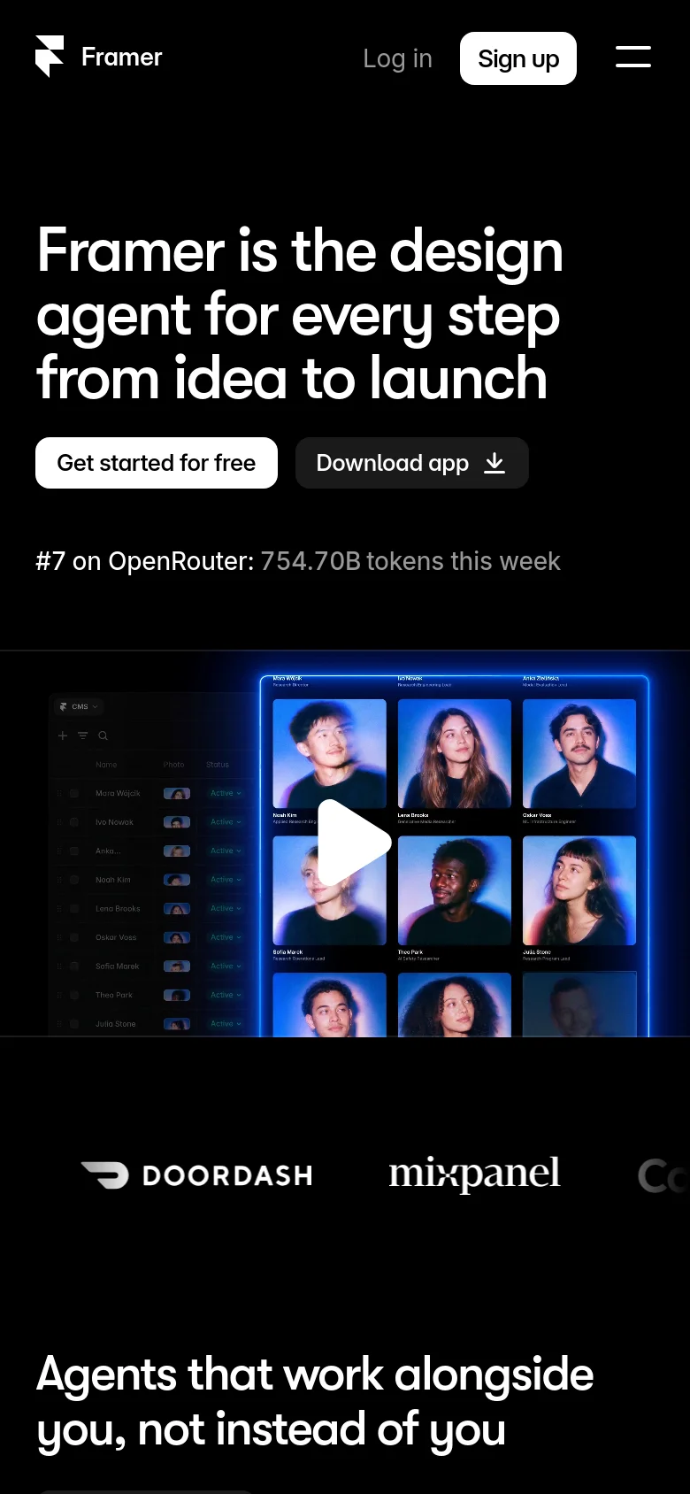 The mobile version uses a vertical layout with the same dark theme and headline, but the primary buttons are stacked vertically. The OpenRouter statistic is positioned below the buttons, and the central UI graphic is scaled down to fit the narrower screen width.