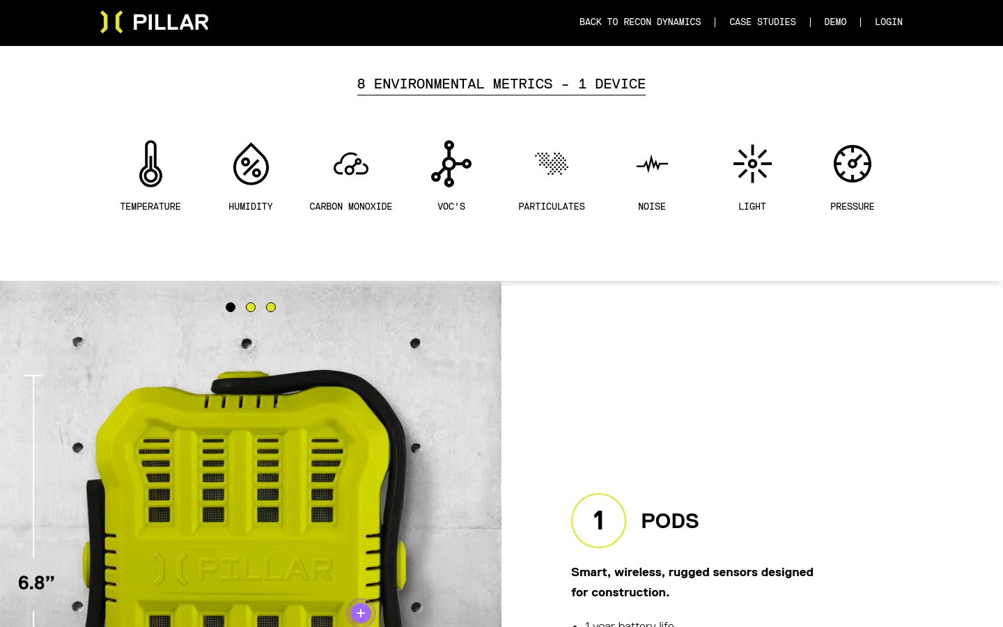 The desktop homepage features a clean white and black design with a navigation bar at the top. A central section displays eight environmental metric icons including temperature, humidity, and noise, followed by a large hero image of a bright yellow rugged sensor device next to descriptive text.