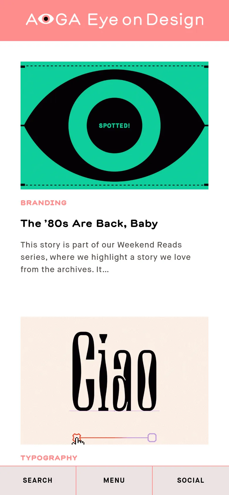 The mobile version maintains the teal and black eye hero image but scales it to fit the narrow screen. The navigation is simplified into a bottom bar with three large buttons: SEARCH, MENU, and SOCIAL. Article content is stacked vertically, prioritizing readability on a smaller display.