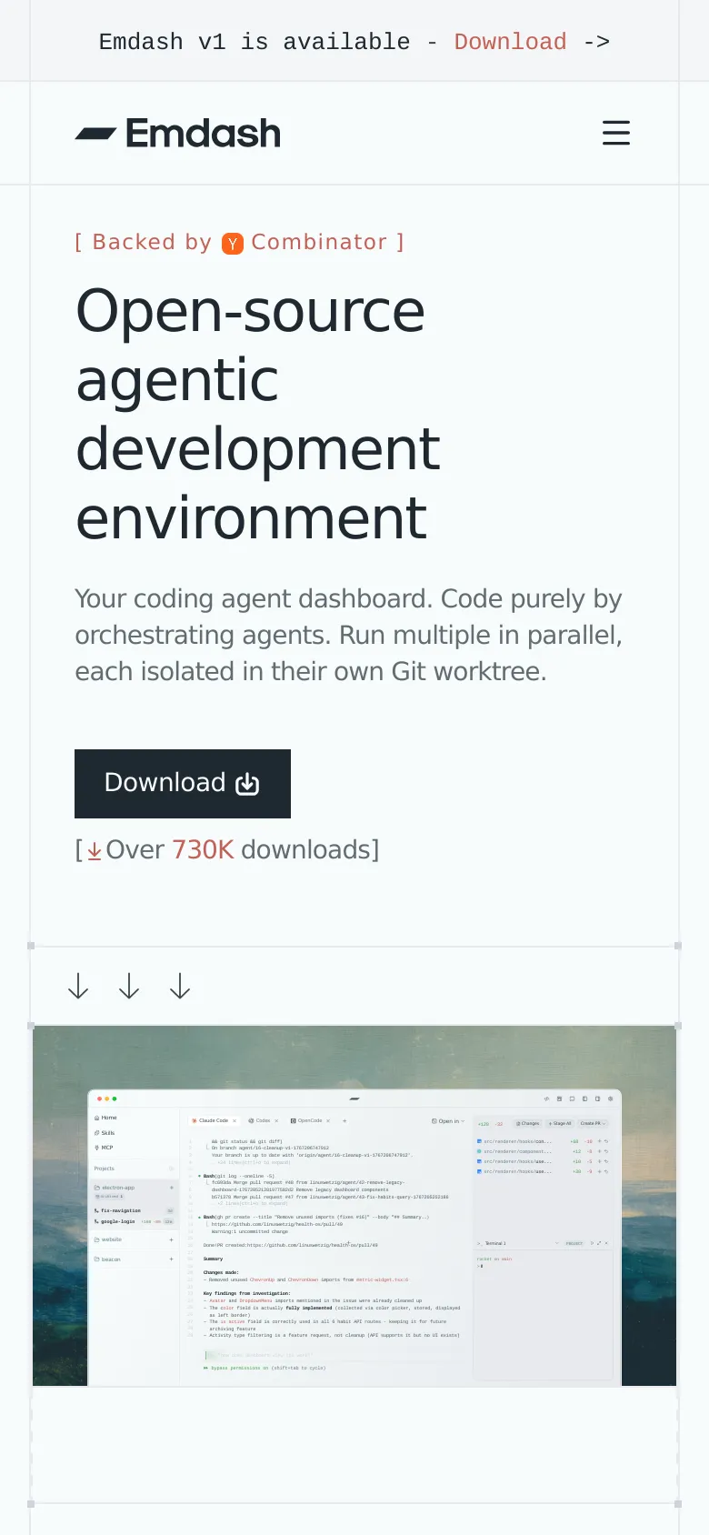 The mobile version presents a vertically stacked layout optimized for small screens, starting with the Emdash logo and a hamburger menu. The hero section features the main headline, a prominent 'Download' button, and a download count, followed by a single-column scroll of feature sections and user testimonials.