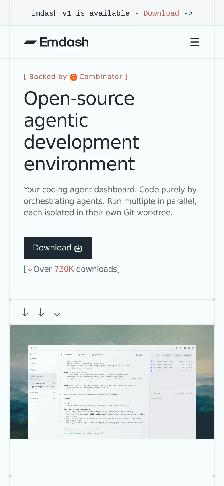 The mobile version presents a vertically stacked layout optimized for small screens, starting with the Emdash logo and a hamburger menu. The hero section features the main headline, a prominent 'Download' button, and a download count, followed by a single-column scroll of feature sections and user testimonials.
