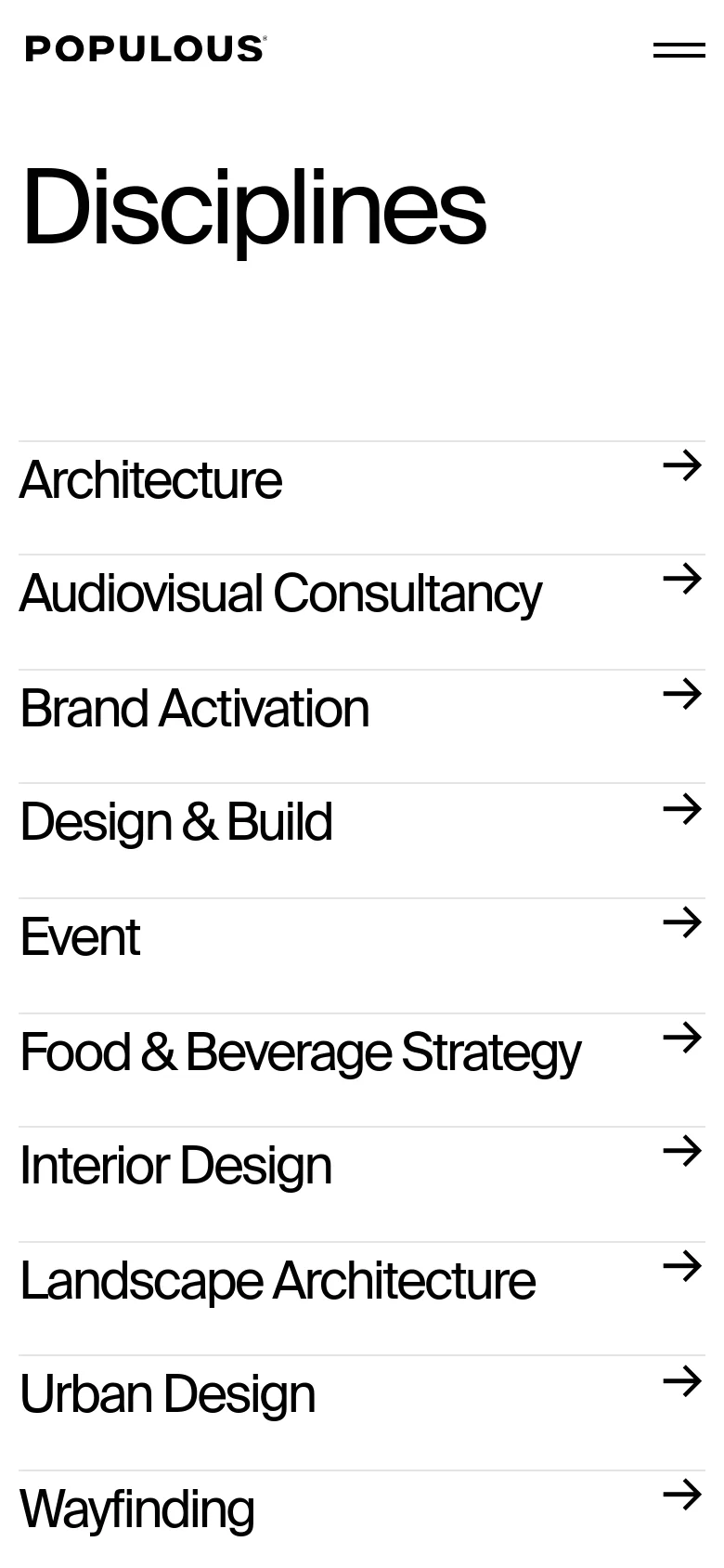 The mobile version maintains the white background and large 'Disciplines' heading but presents the disciplines as a vertical list of full-width rows. Each discipline name is accompanied by a right-pointing arrow icon to indicate a clickable link.