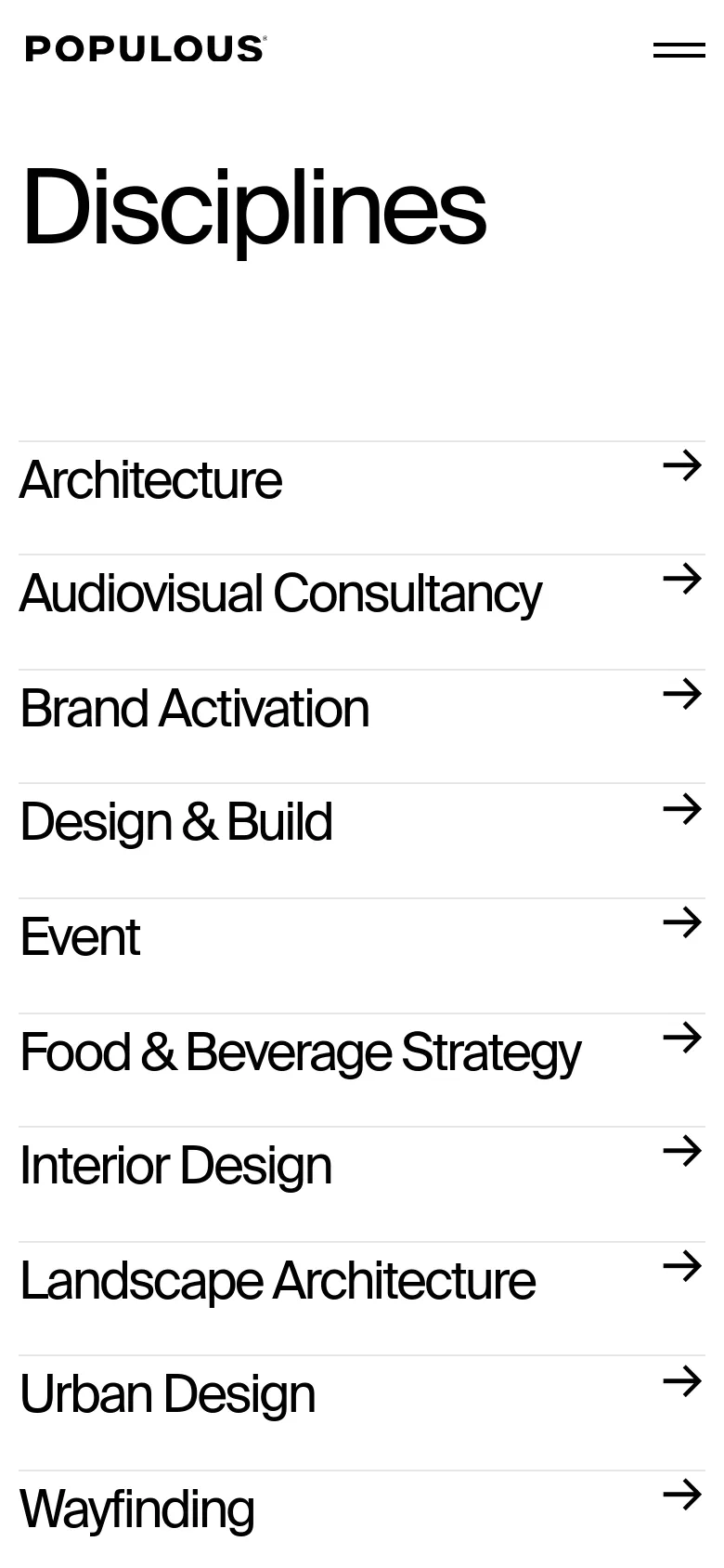 The mobile version maintains the white background and large 'Disciplines' heading but presents the disciplines as a vertical list of full-width rows. Each discipline name is accompanied by a right-pointing arrow icon to indicate a clickable link.