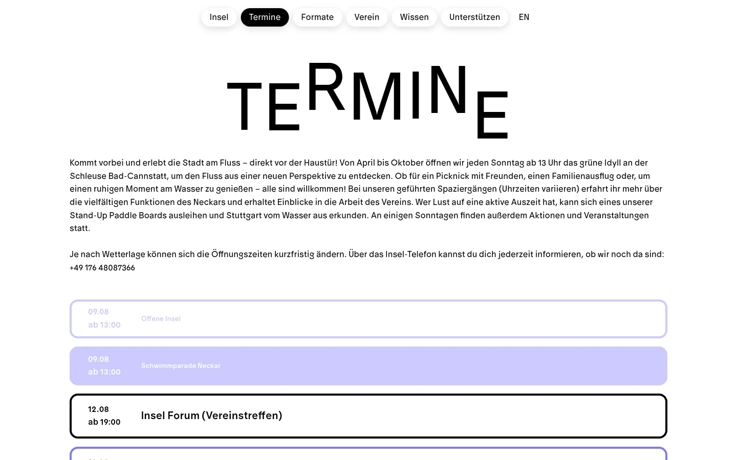 The desktop page features a clean white background with a large, stylized 'TERMINE' headline in black. Below the headline, a text block describes the Neckarinsel activities, followed by a vertical list of event cards. Each card contains a date and time on the left and the event title on the right, using soft pastel colors like light blue and lavender.